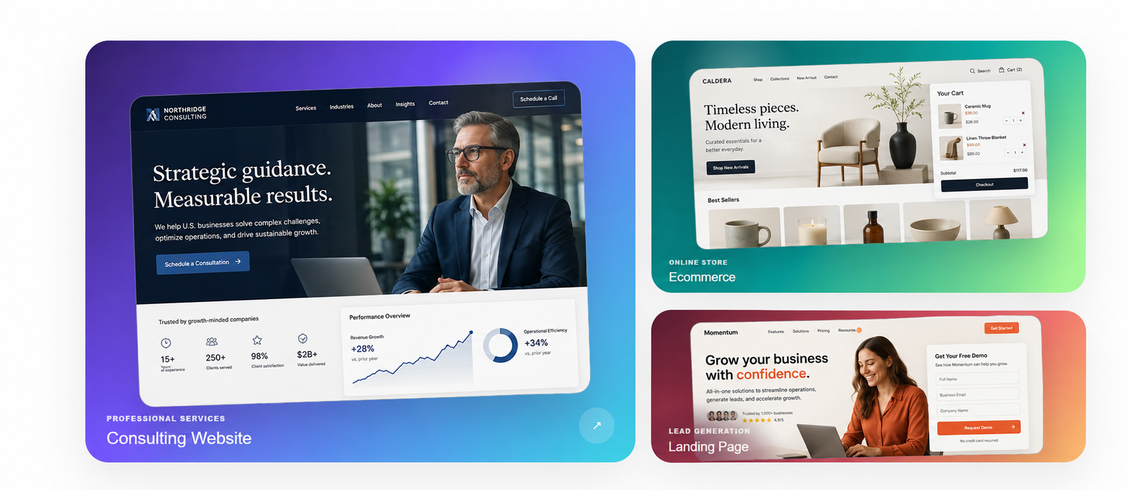 Consulting, ecommerce and landing page website examples